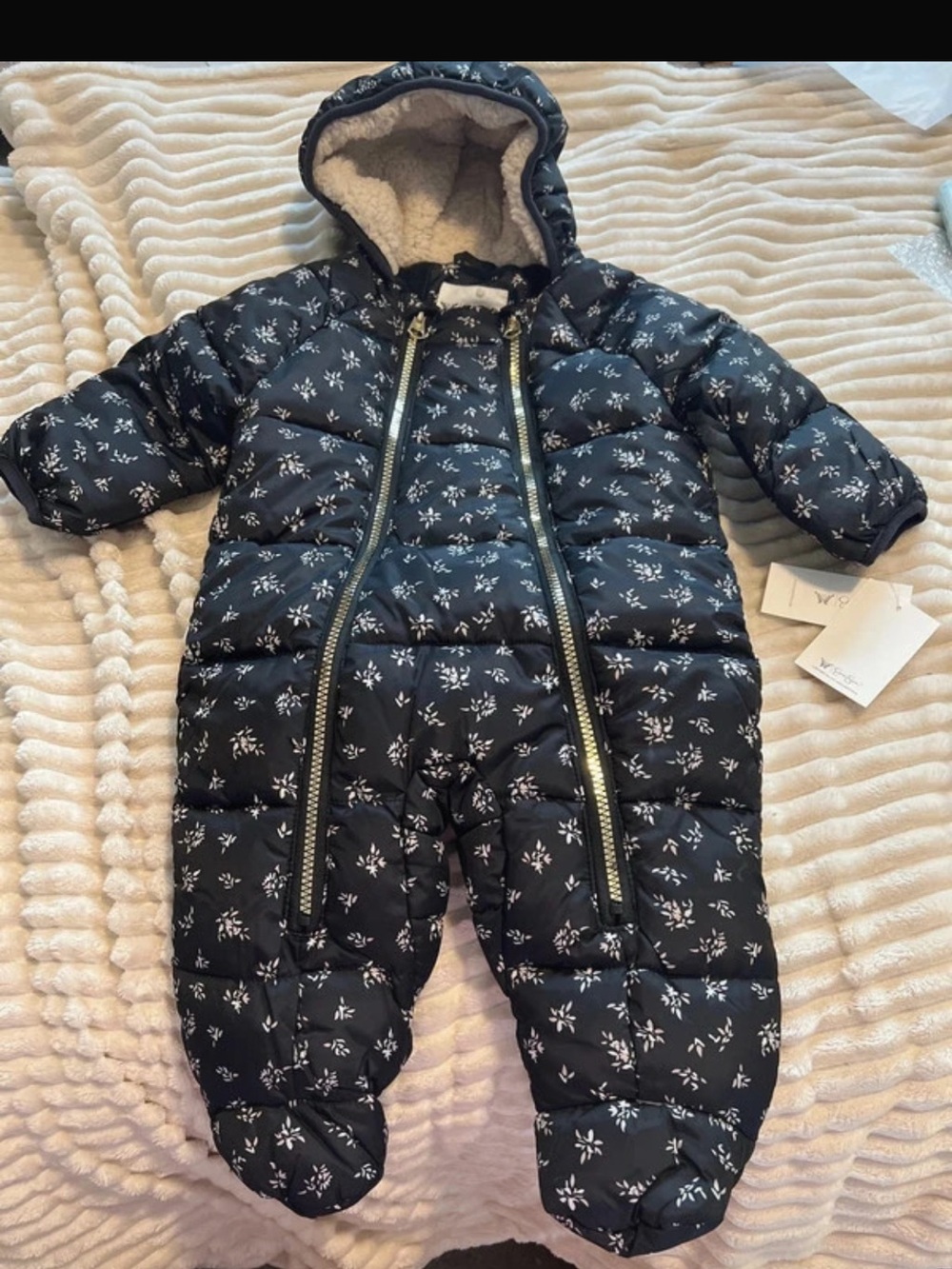 Jessica Simpson Black Quilted Floral Footed One-Piece Snowsuit